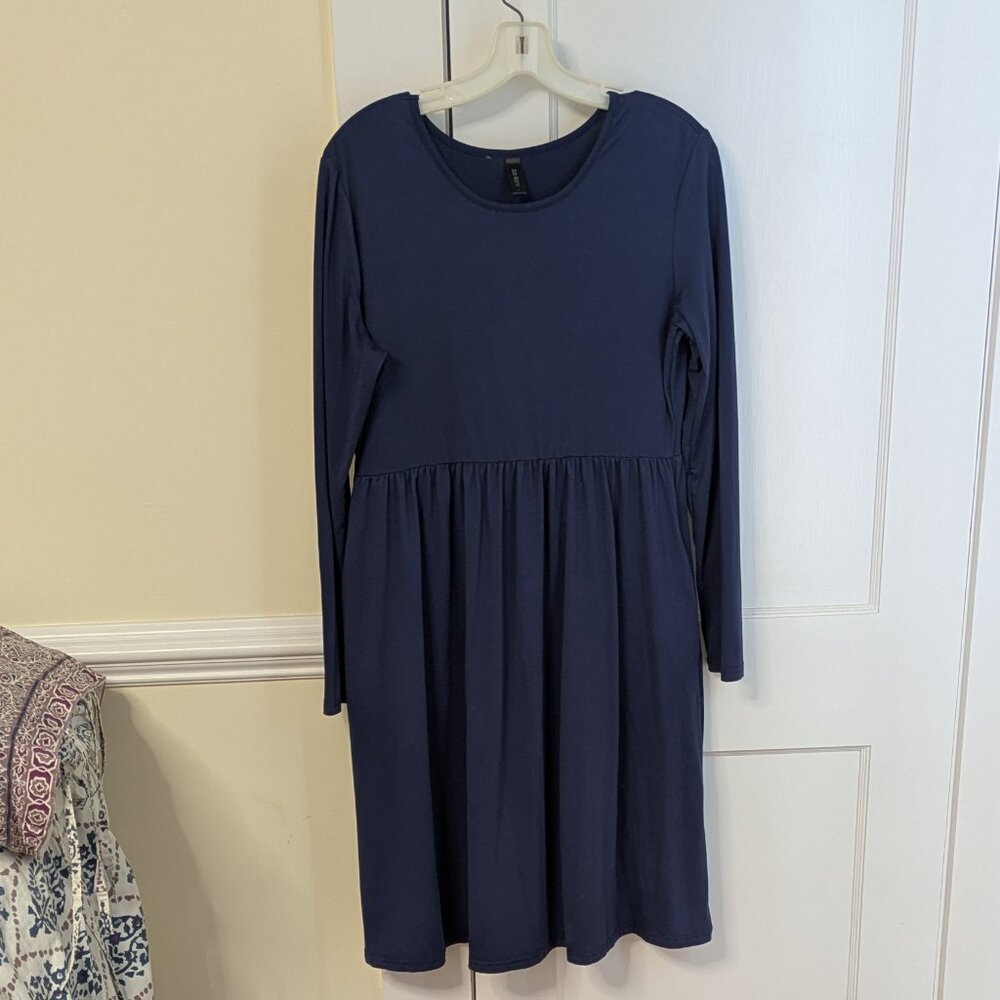 Navy Long Sleeve Empire Waist Knee Length Loose Dress with Pockets